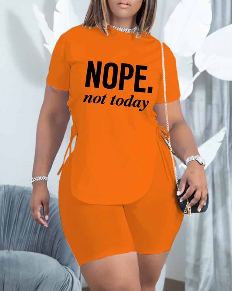 

Letter Print T-shirt & High Waist Shorts Set, Orange