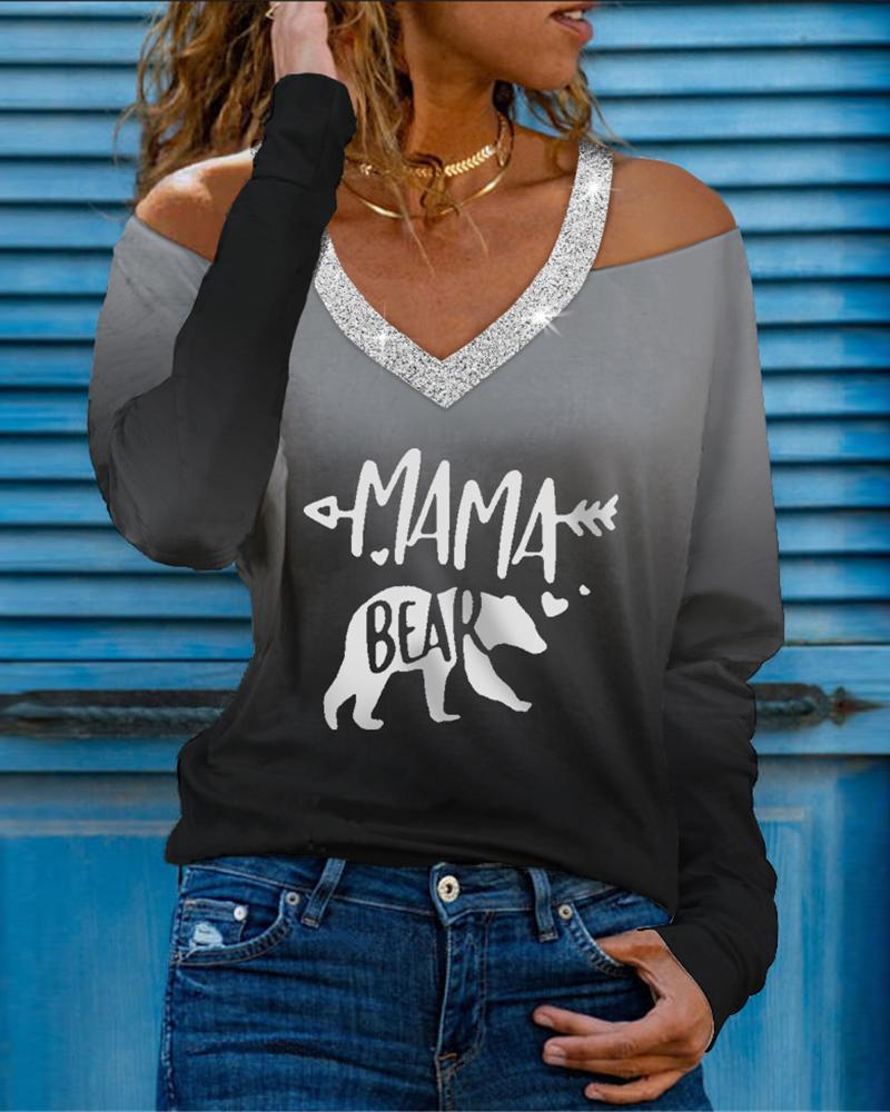 

Mother' Day Gift Cold Shoulder Letter Print Long Sleeve Top, Black