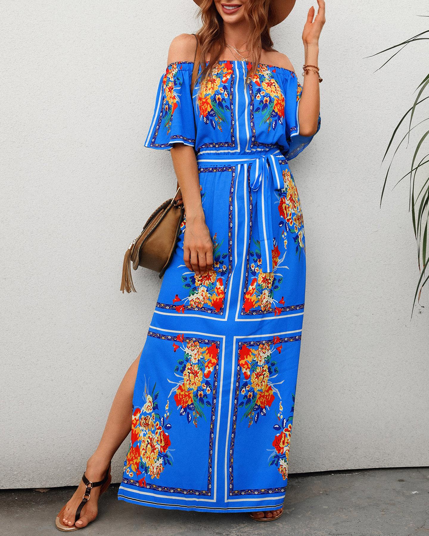 

Off Shoulder High Slit Bell Sleeve Floral Print Maxi Dress, Blue