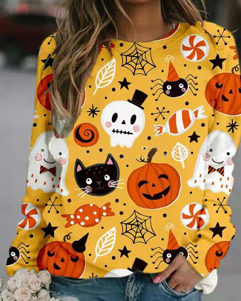 

Halloween Pumpkin Skull Graphic Print Long Sleeve Sweatshirt, Style4