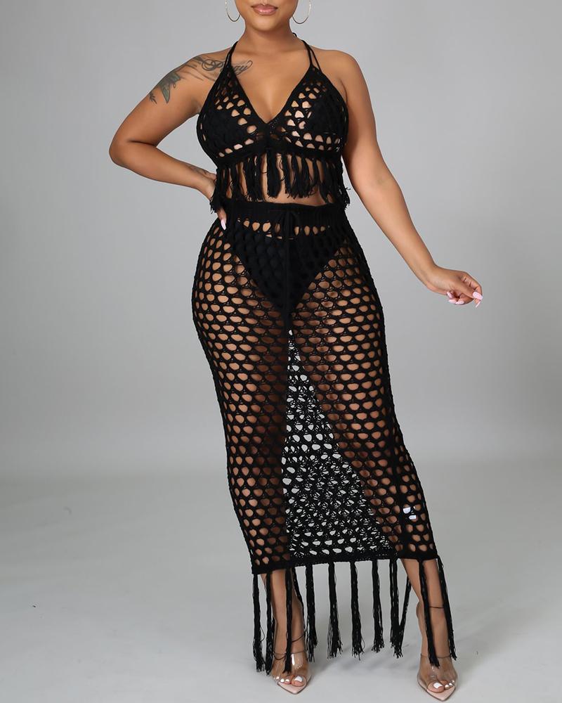 

Knit Hollow Out Tassel Detail Cover Up Set, Black