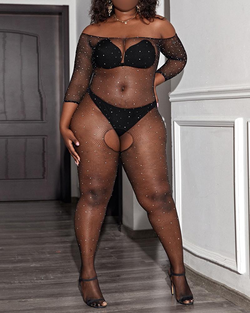 

Plus Size Rhinestone Off Shoulder Crotchless Fishnet Bodystockings, Black