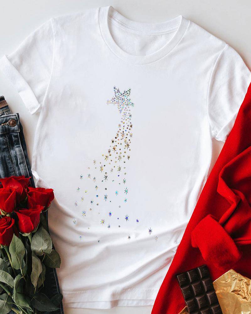 

O-Neck Rhinestone Decor Star Pattern Top, White