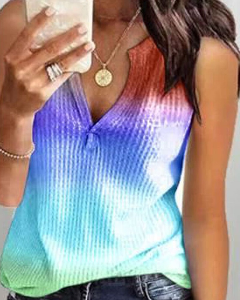 

Tie Dye Print V Neck Sleeveless Ribbed Top, Light blue