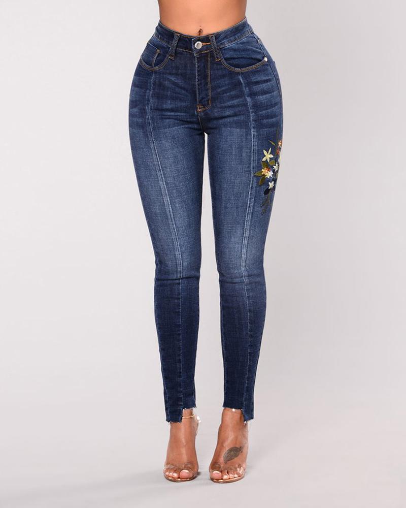 

Floral Embroidery Pocket Design Denim Pants, Blue