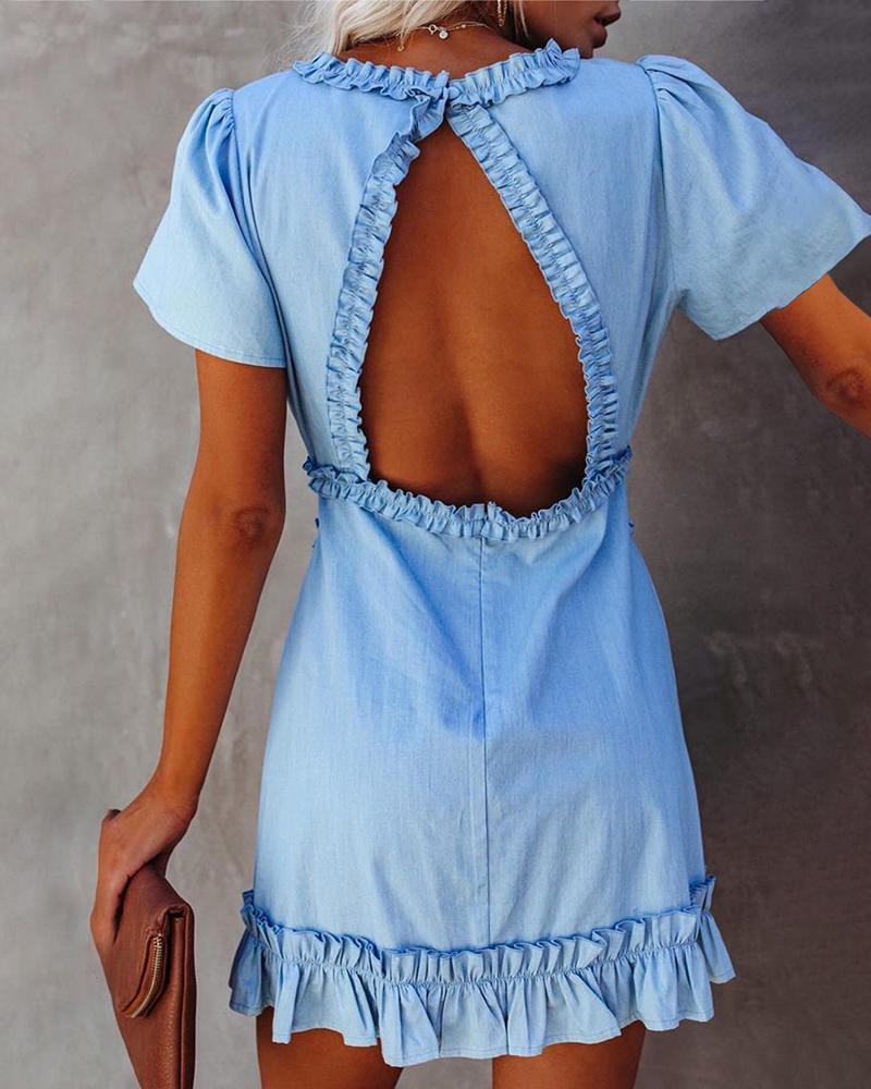 

Frill Hem Ruffles Backless Dress, Blue