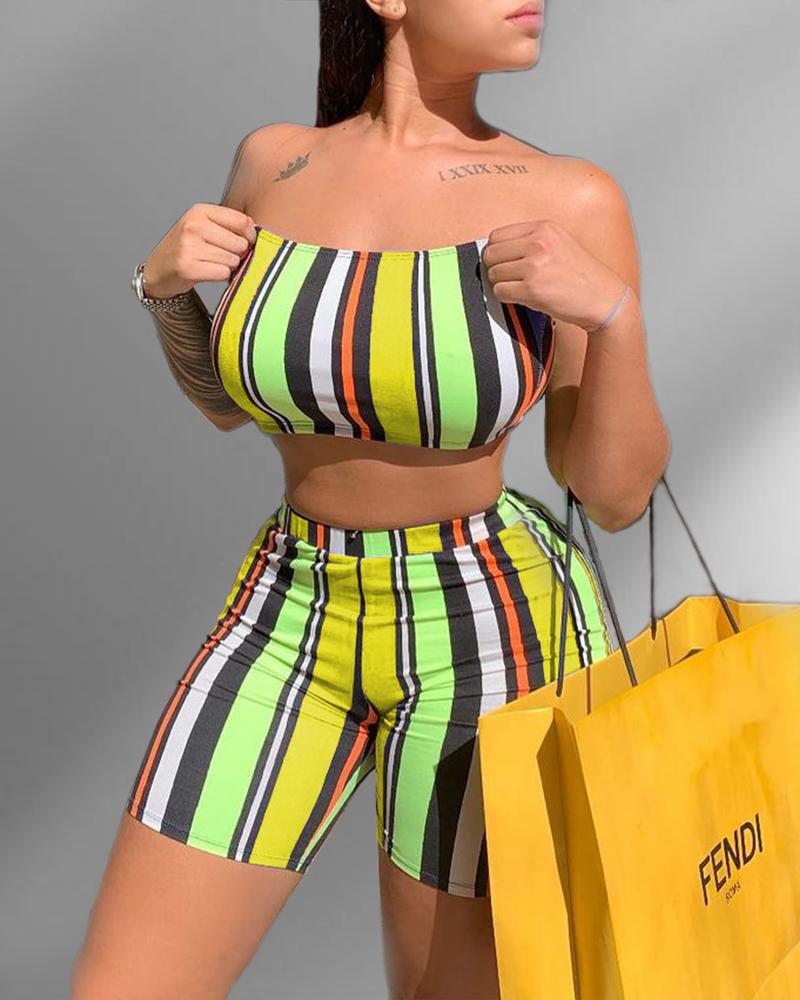 

Color Block Striped Skinny Cropped Tube Top With Short Pants Suit Sets, Yellow