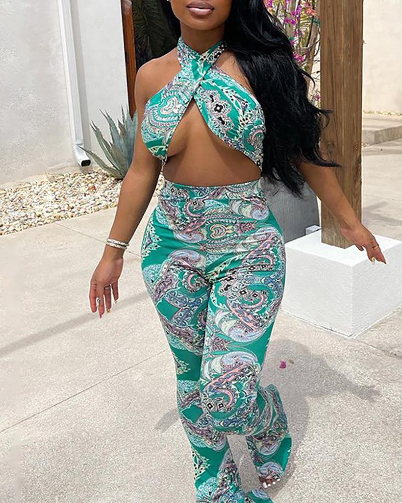 

Paisley Print Halter Top & High Waist Pants Set, Green