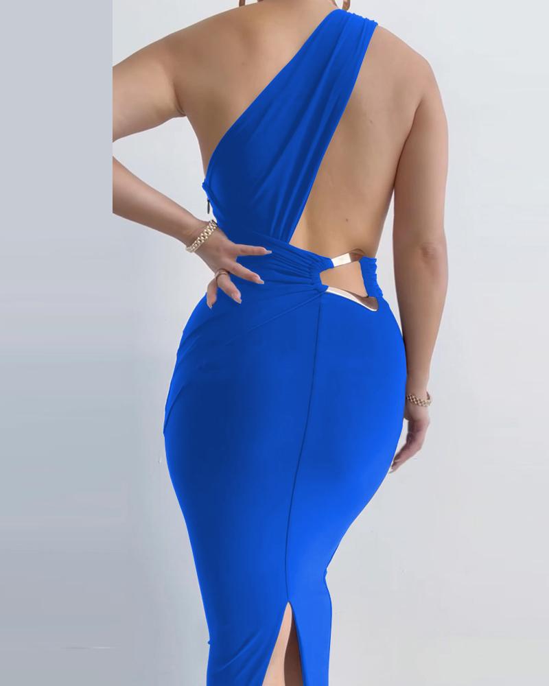 

One Shoulder Backless Slit Party Dress, Blue