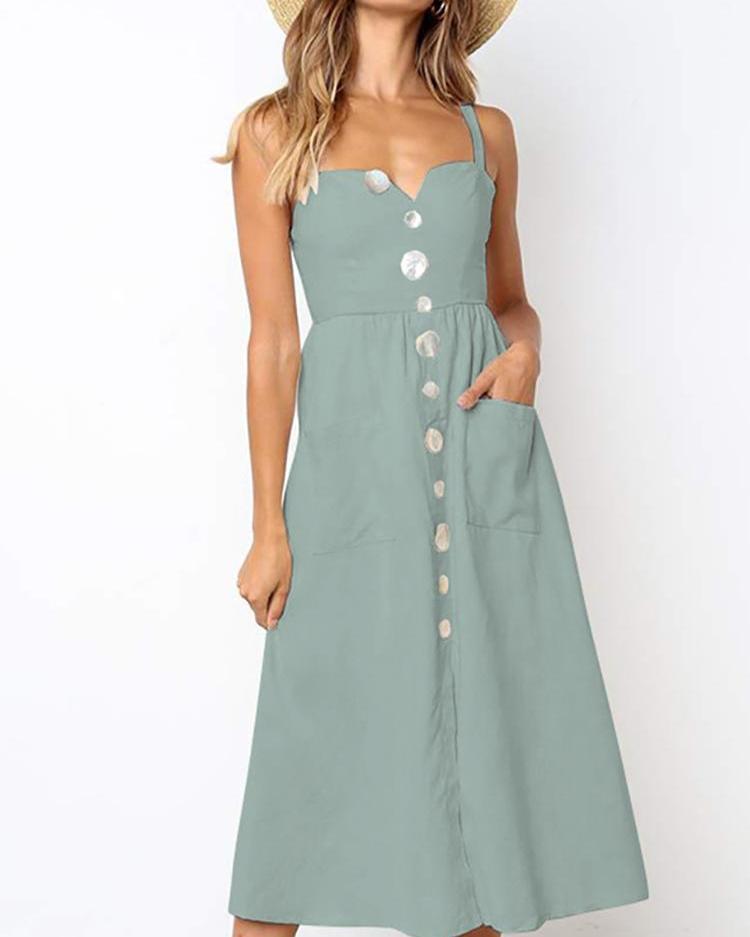 

Thin Strap Button Pocket Design Casual Dress, Green