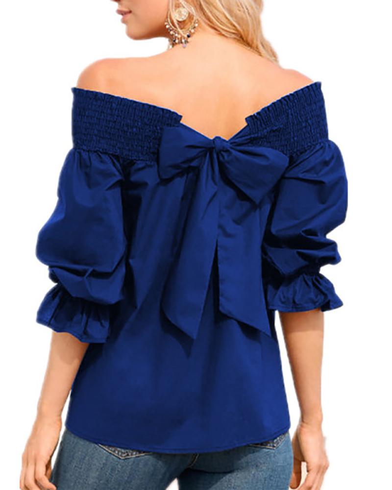 

Off Shoulder Bowknot Shirring Detail Top, Dark blue