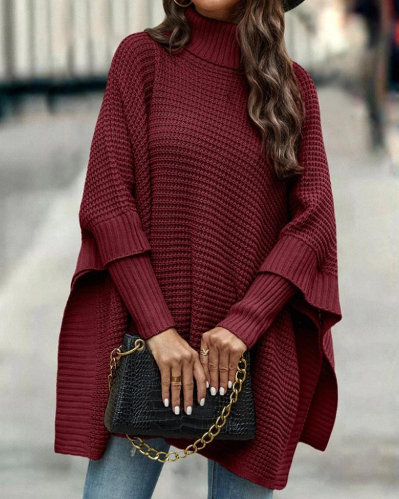 

High Neck Knit Poncho Sweater, Wine red