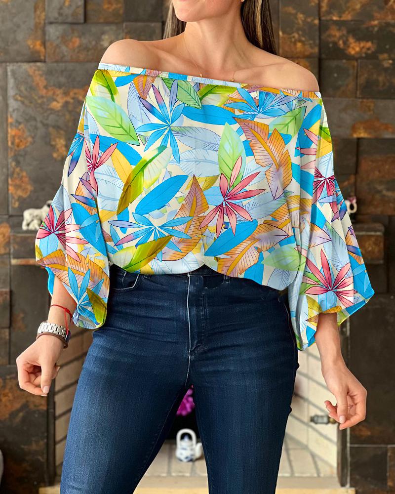 

Leaf Print Off Shoulder Lantern Sleeve Top, Multicolor