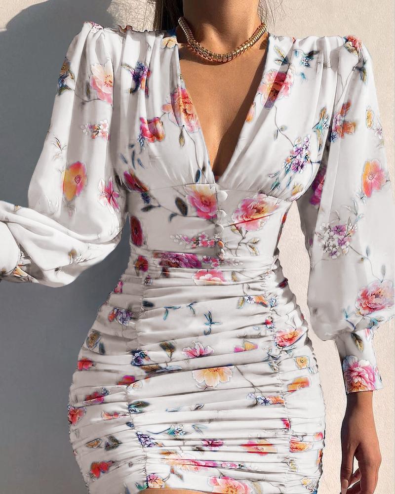 

Puff Lantern Sleeve Floral Print Ruched Bodycon Dress, White