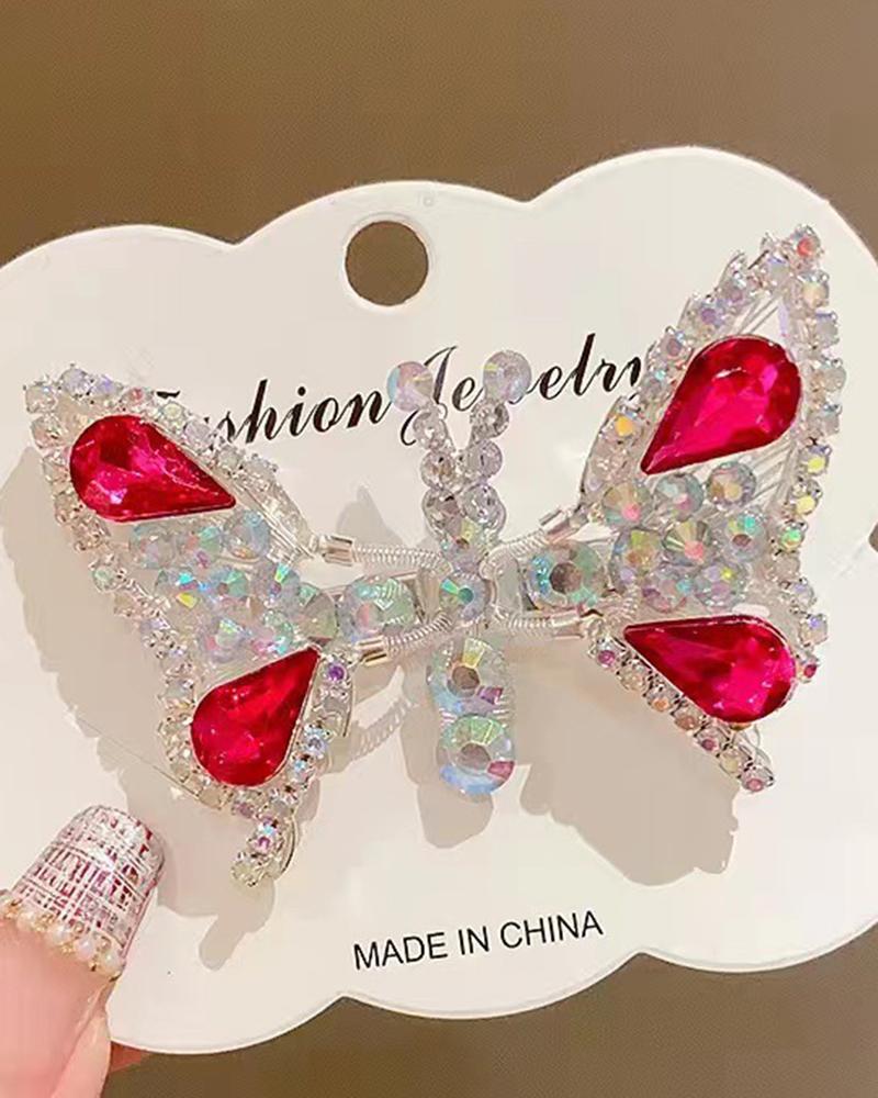 

1pc Crystal Stone Decor Flying Butterfly Childern Hair Clip, Red