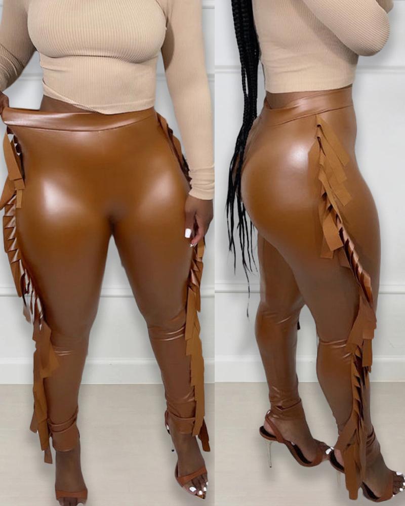 

PU Leather Tassel Trim High Waist Skinny Pants, Brown