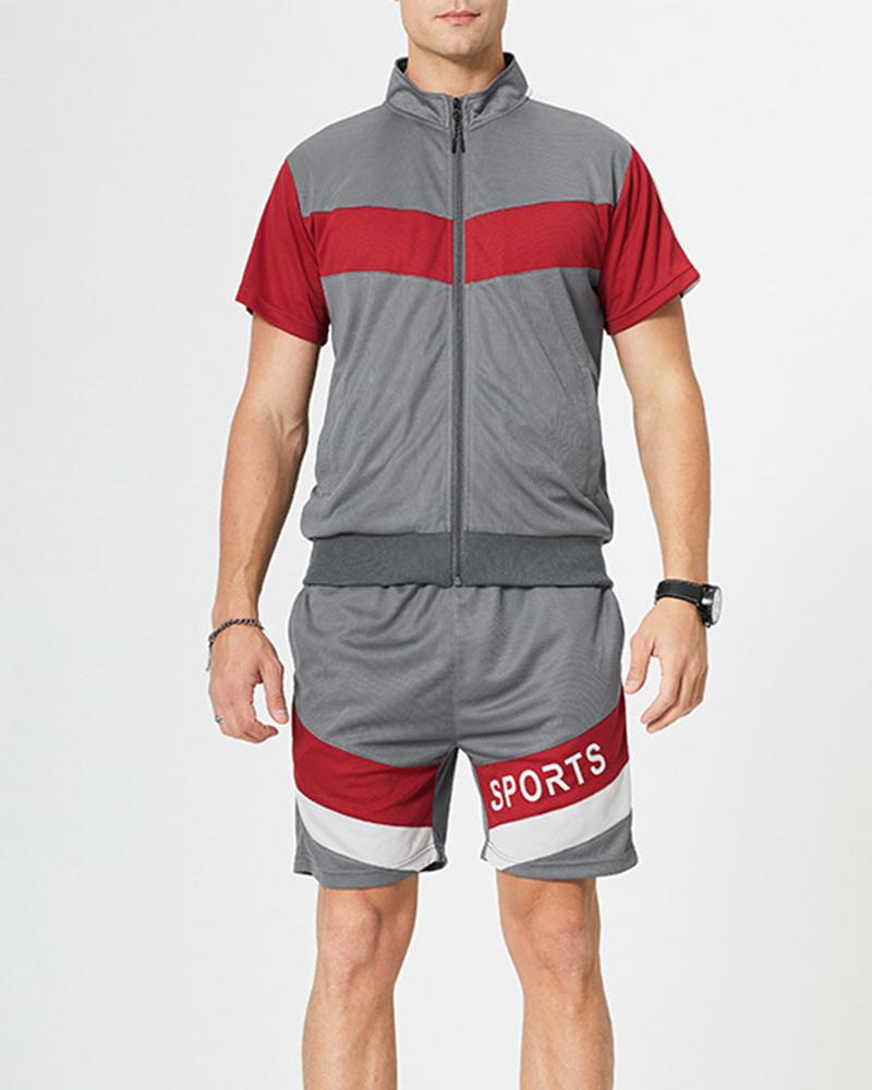 

Color Block Splicing Letter Print Short Sleeve Coat With Short Pants Active Sets, Gray