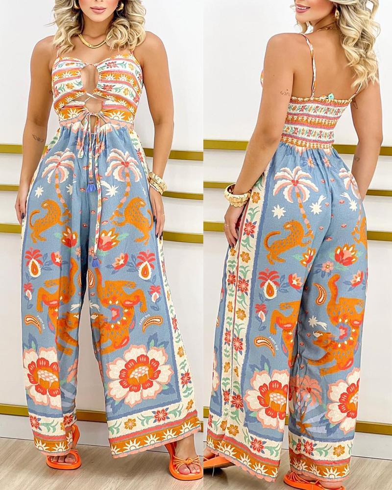 

Scarf Print Backless Wide Leg Jumpsuit, Multicolor