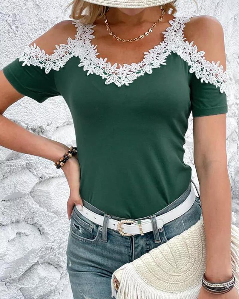 

Lace Patch Cold Shoulder T-shirt, Green