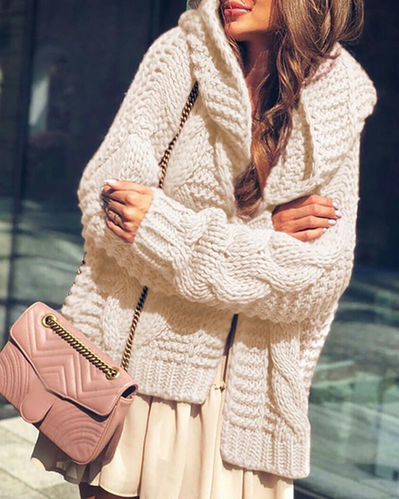 

Braided Knit Long Sleeve Hooded Cardigan, Beige