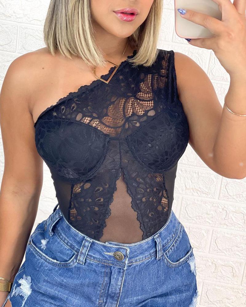 

One Shoulder Crochet Lace Sheer Mesh Skinny Bodysuit, Black