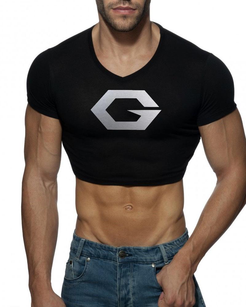 

Logo Patterns Print Short Sleeve Skinny Cropped T-shirt, Black