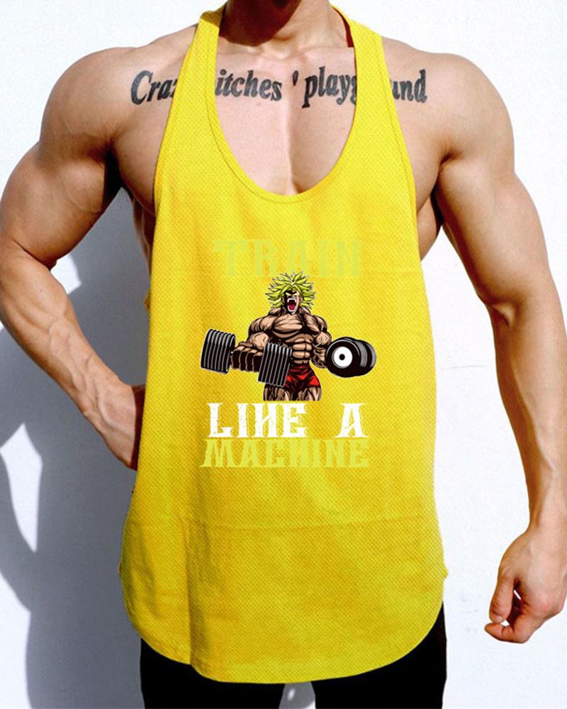 

Cartoon Muscle Saiyan Print & Letter Print Sleeveless Tank, Yellow