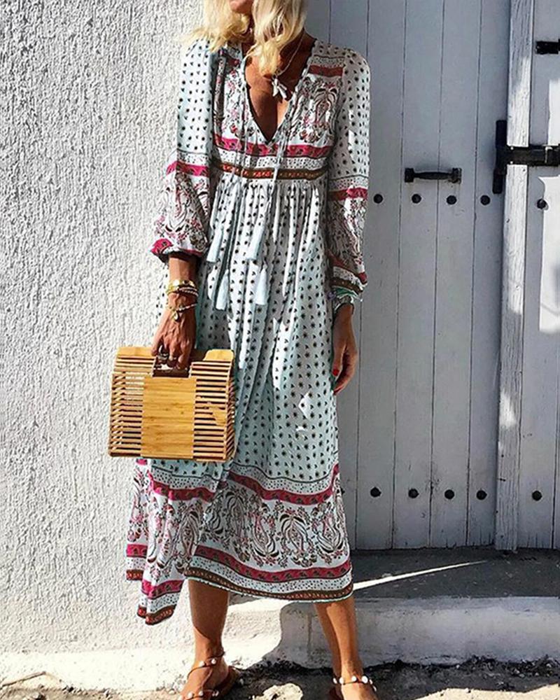 

Boho Style All Over Print Long Sleeve Maxi Dress, Red