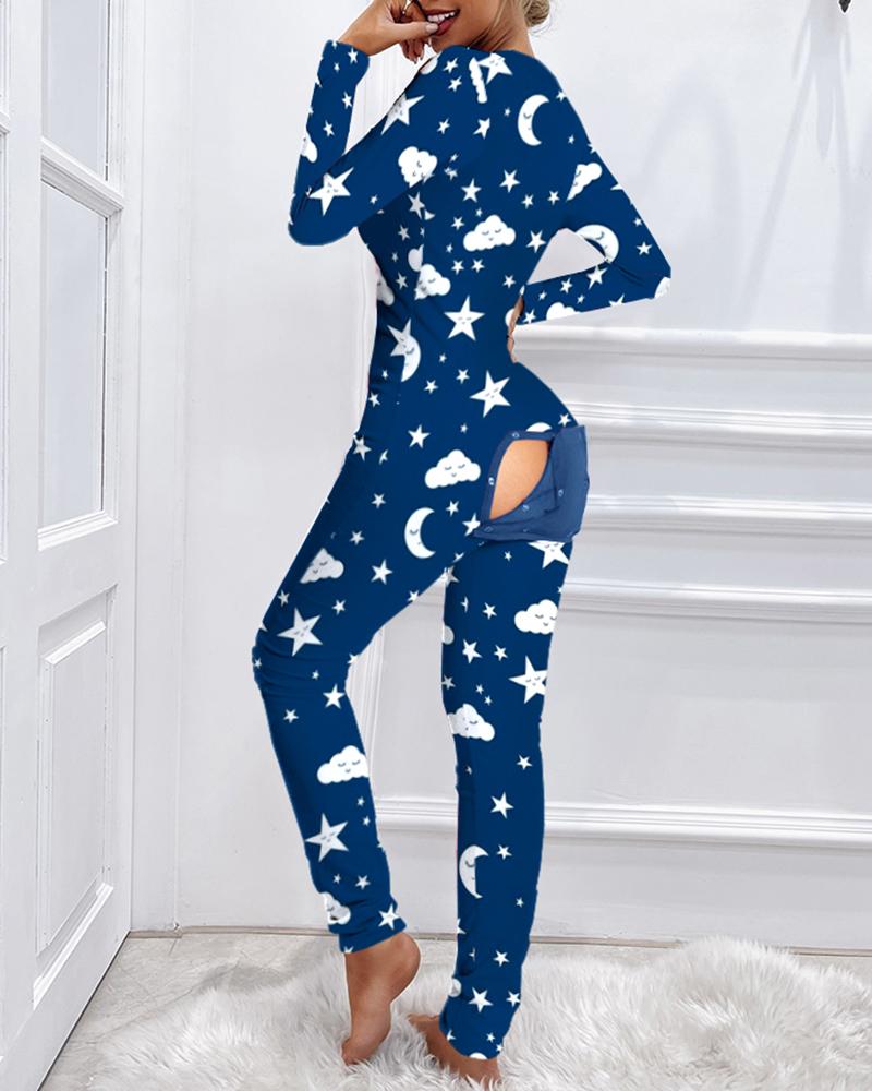 

Star Print Functional Buttoned Flap Adults Pajamas, Blue