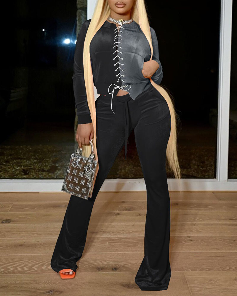 

Velvet Color Block Eyelet Lace-up Crop Top & Bootcut Pants Set, Black