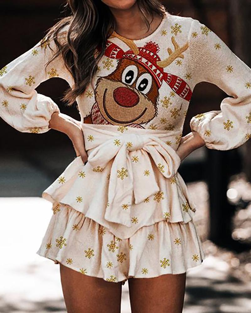 

Christmas Print Backless Tiered Casual Dress, Beige