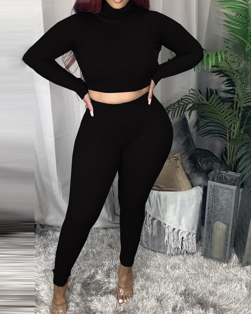 

Ribbed High Neck Crop Top & Pants Set, Black