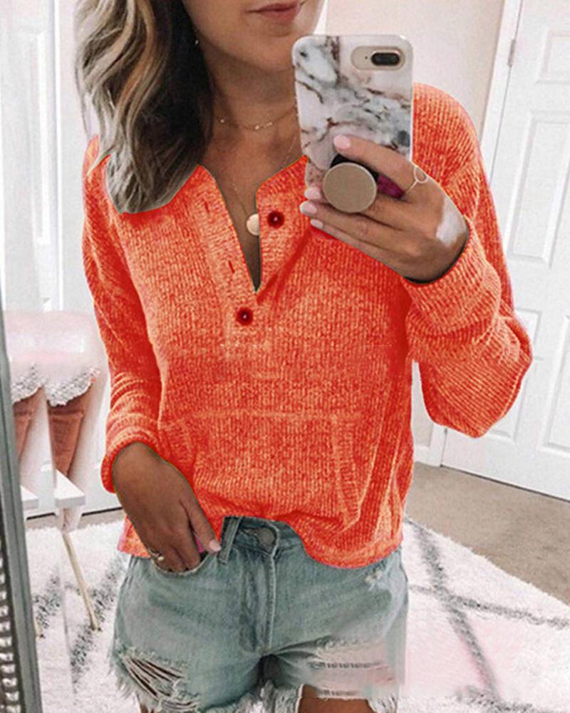 

Long Sleeve Button Front Knit Top, Orange