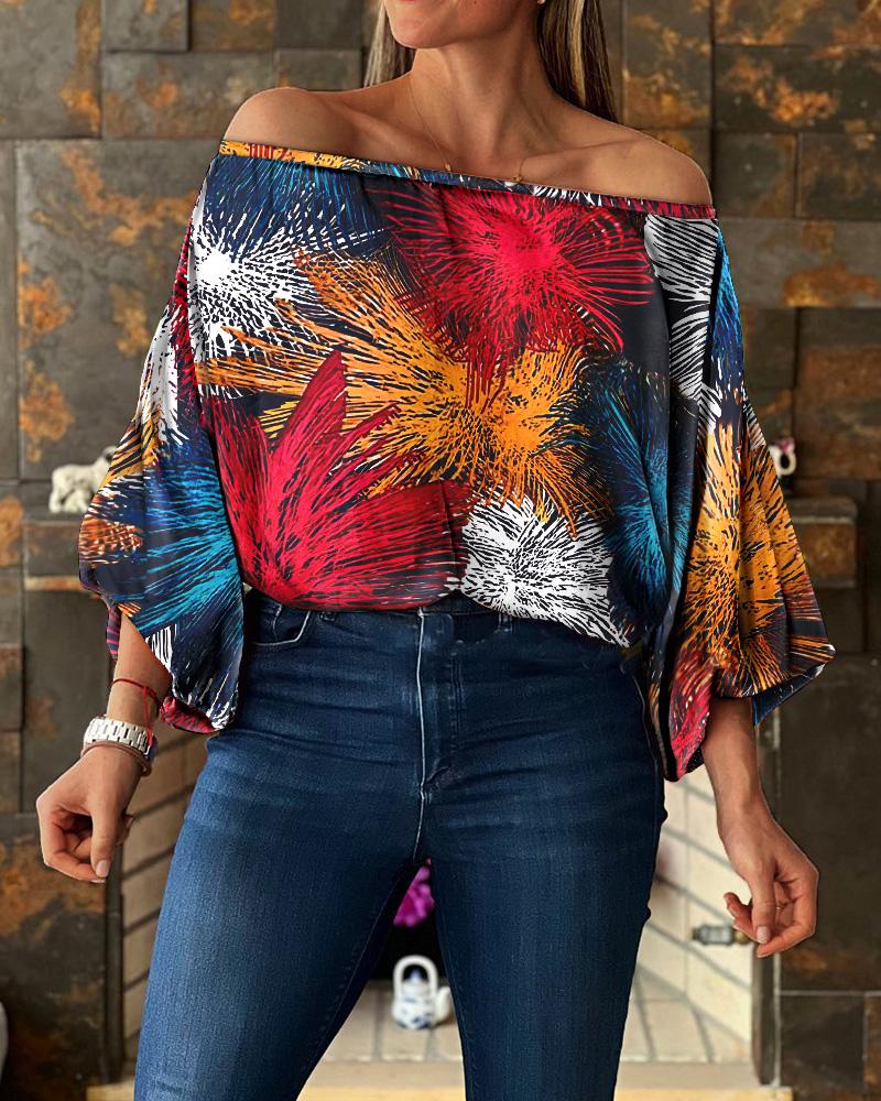

Graphic Print Off Shoulder Lantern Sleeve Top, Multicolor