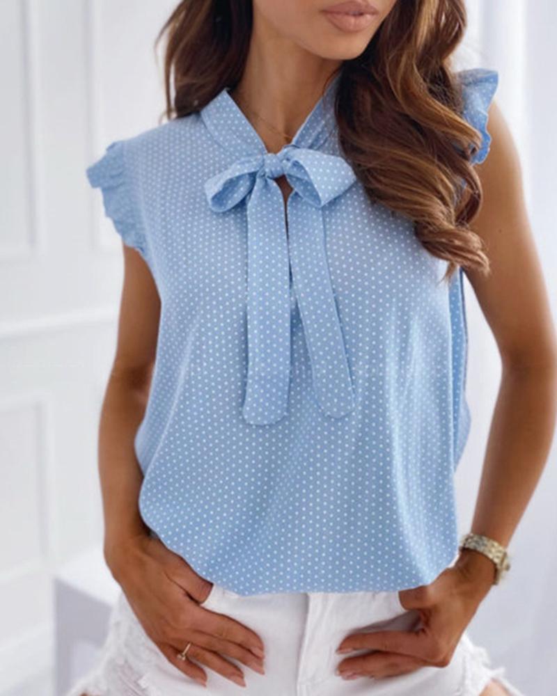 

Dot Print Ruffles Sleeve Knotted Top, Blue
