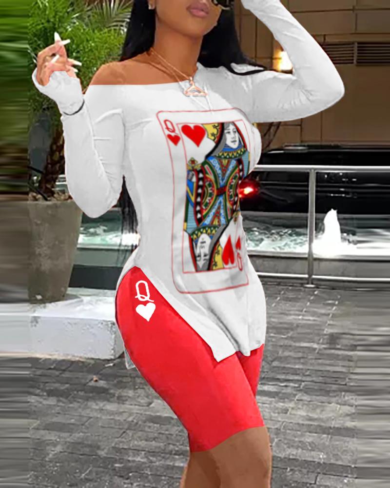 

Long Sleeve Poker Print Slit Top & Shorts Set, Red
