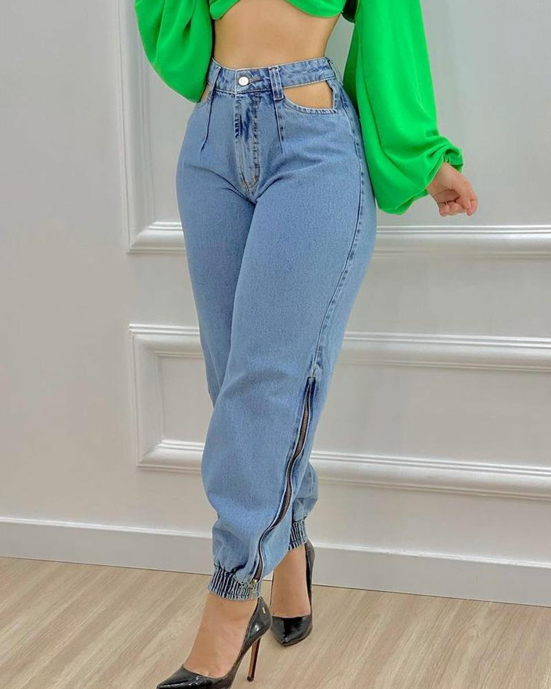 

Cutout Zipper Detail High Waist Jeans, Blue