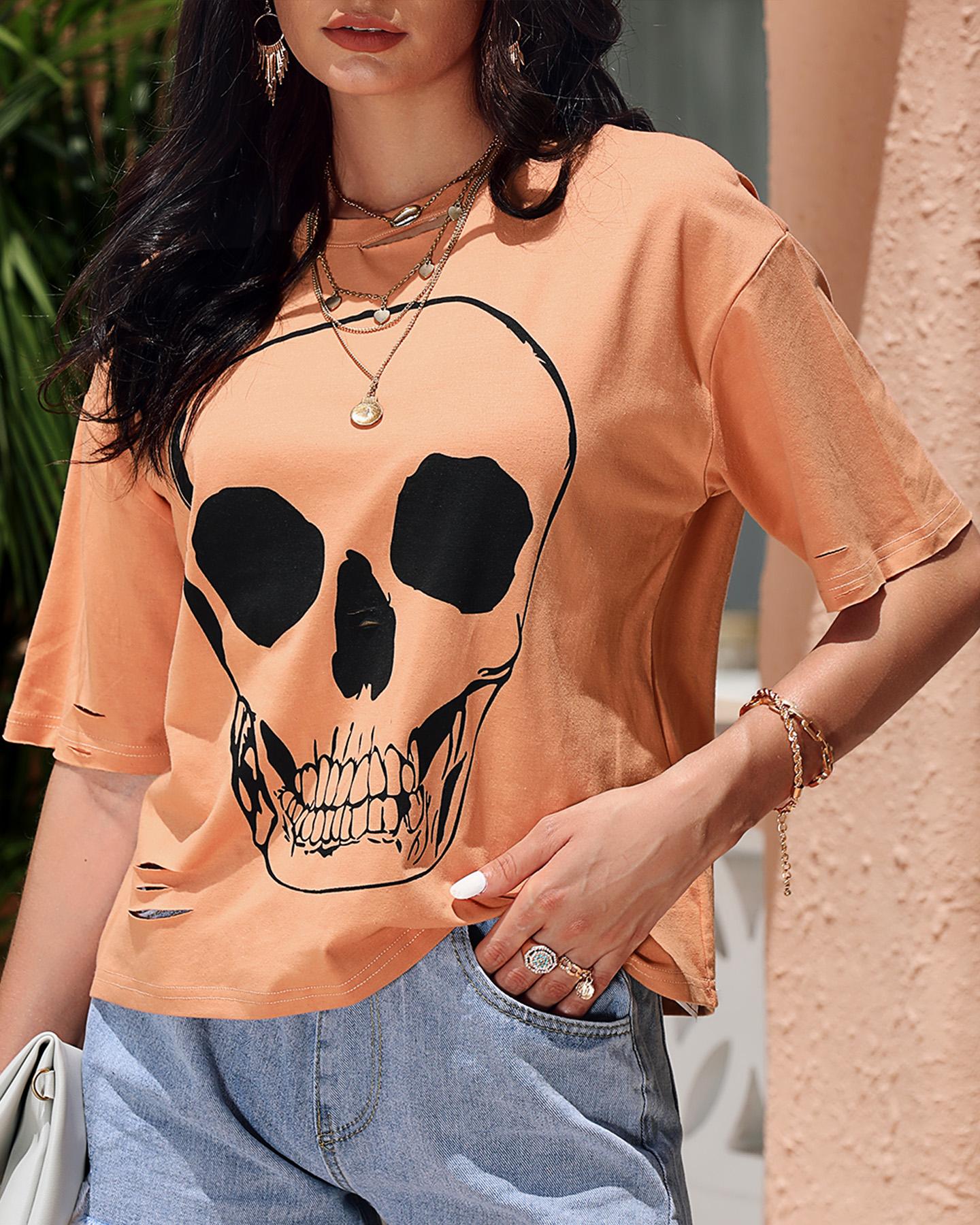 

Skeleton Print Short Sleeve T-shirt, Brown