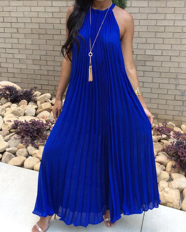 

Hot Summer Halter Pleated Casual Maxi Dress, Dark blue