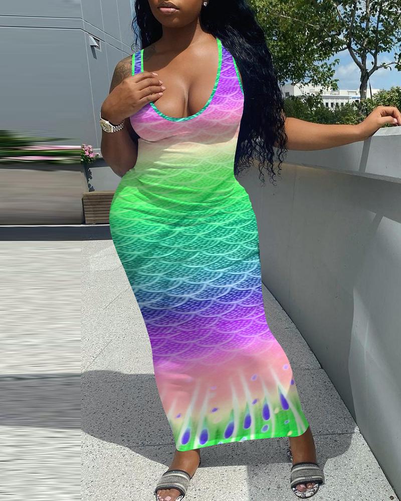 

Scales Print Ombre Colorblock Thick Strap Maxi Dress, Green