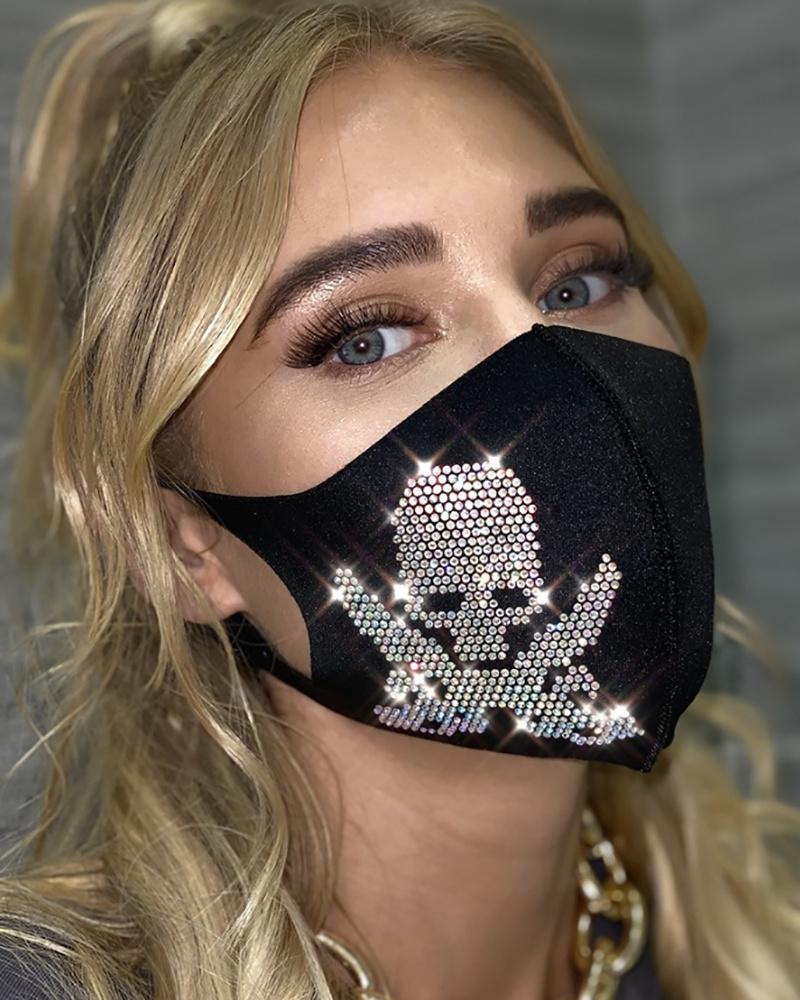 

Skull Pattern Rhinestone Earloop Face Mask, Black