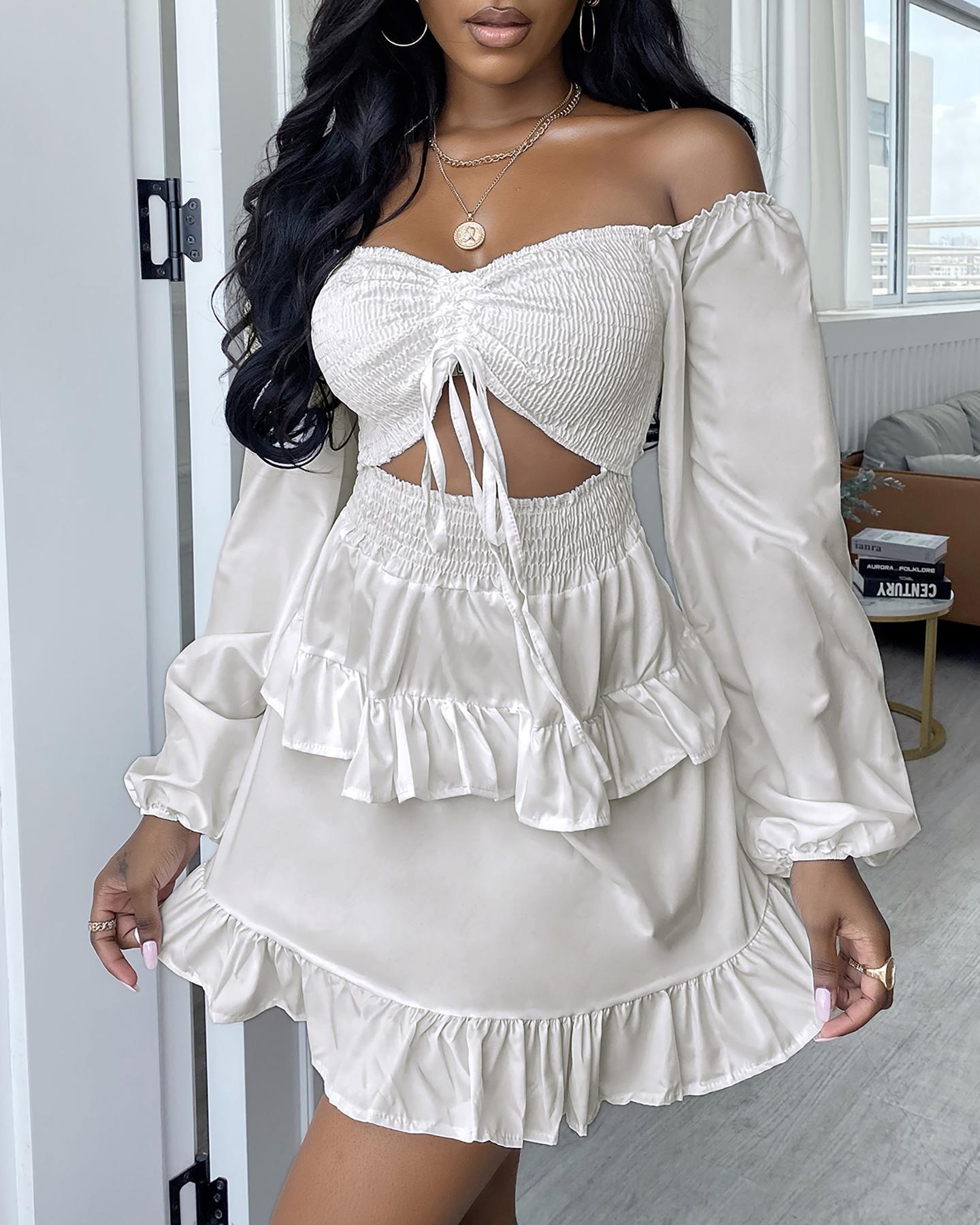 

Off Shoulder Shirred Frill Hem Casual Dress, White