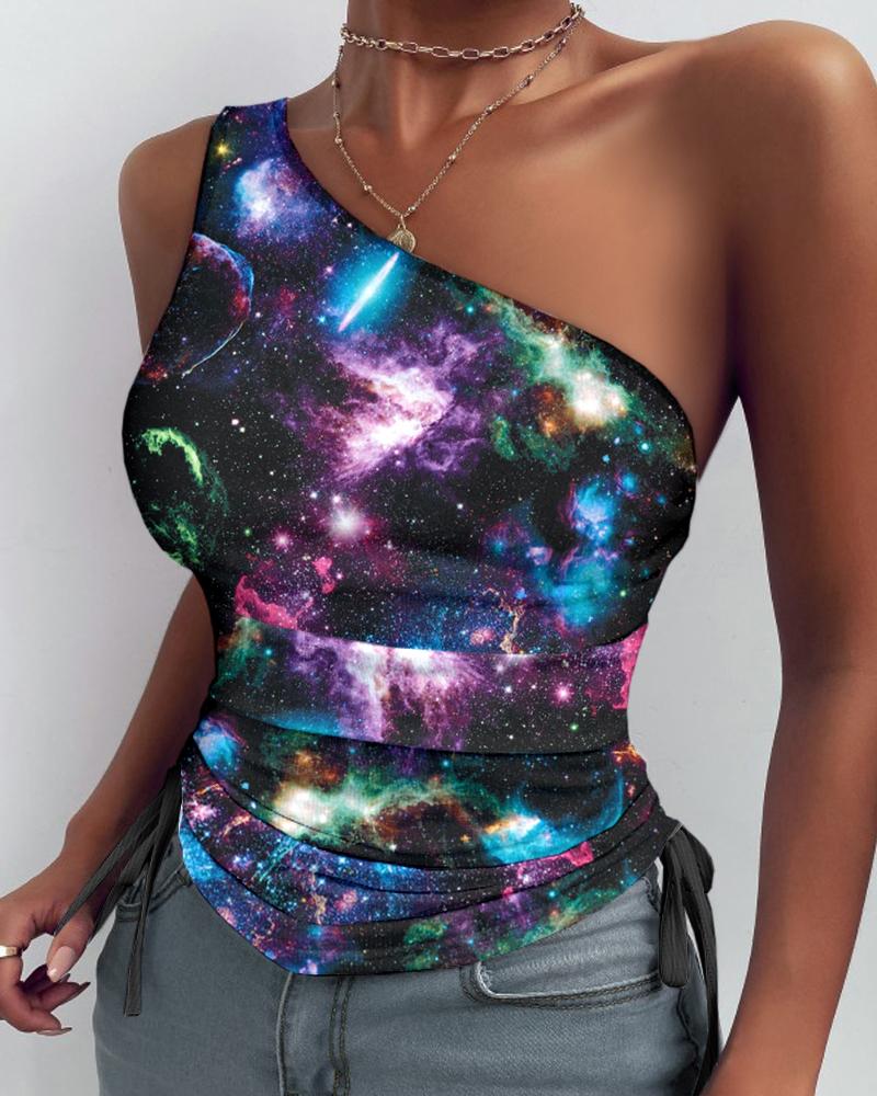 

One Shoulder Starry Sky Print Drawstring Tank Top, Black