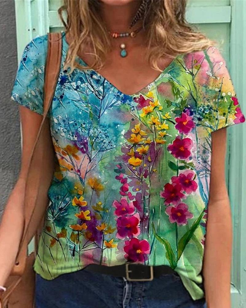 

Floral Print Short Sleeve T-Shirt, Style3