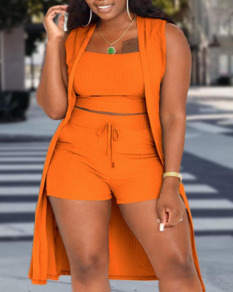 

Plus Size 3PCS Ribbed Crop Tank Top & Shorts Set With Vest Coat, Orange