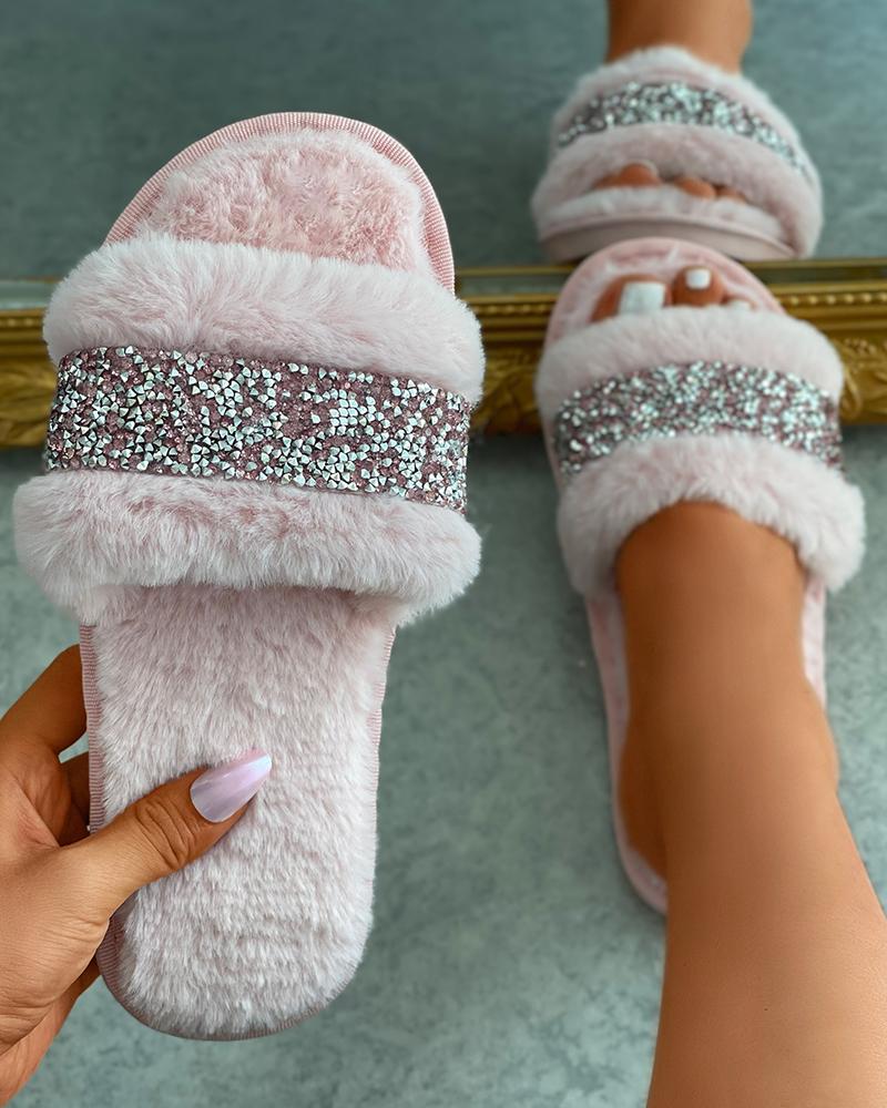 

Rhinestone Patch Peep Toe Fluffy Slippers, Pink