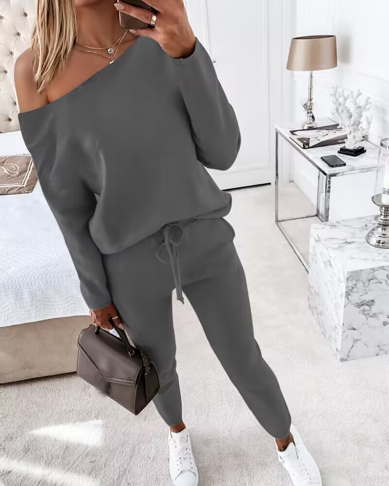 

Ensemble 2 pièces haut à manches longues et pantalon à taille extensible à col incliné, Gray