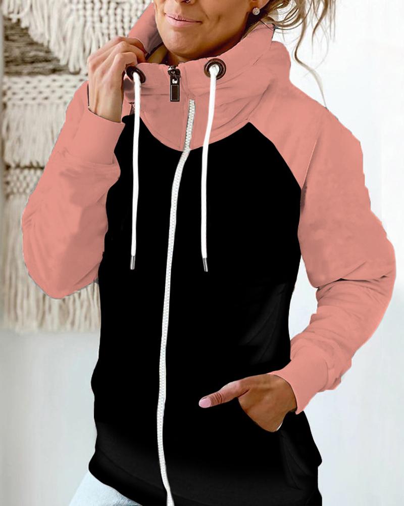 

Colorblock Long Sleeve Zip Up Drawstring Sweatshirt, Pink