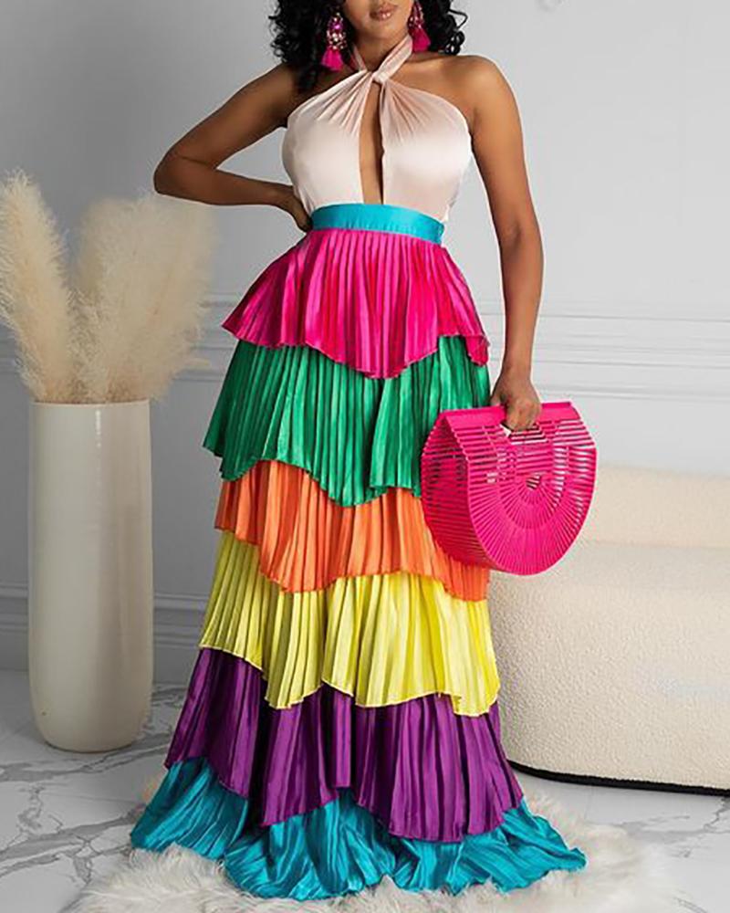 

Halter Cutout Front Colorblock Tiered Dress, Multicolor