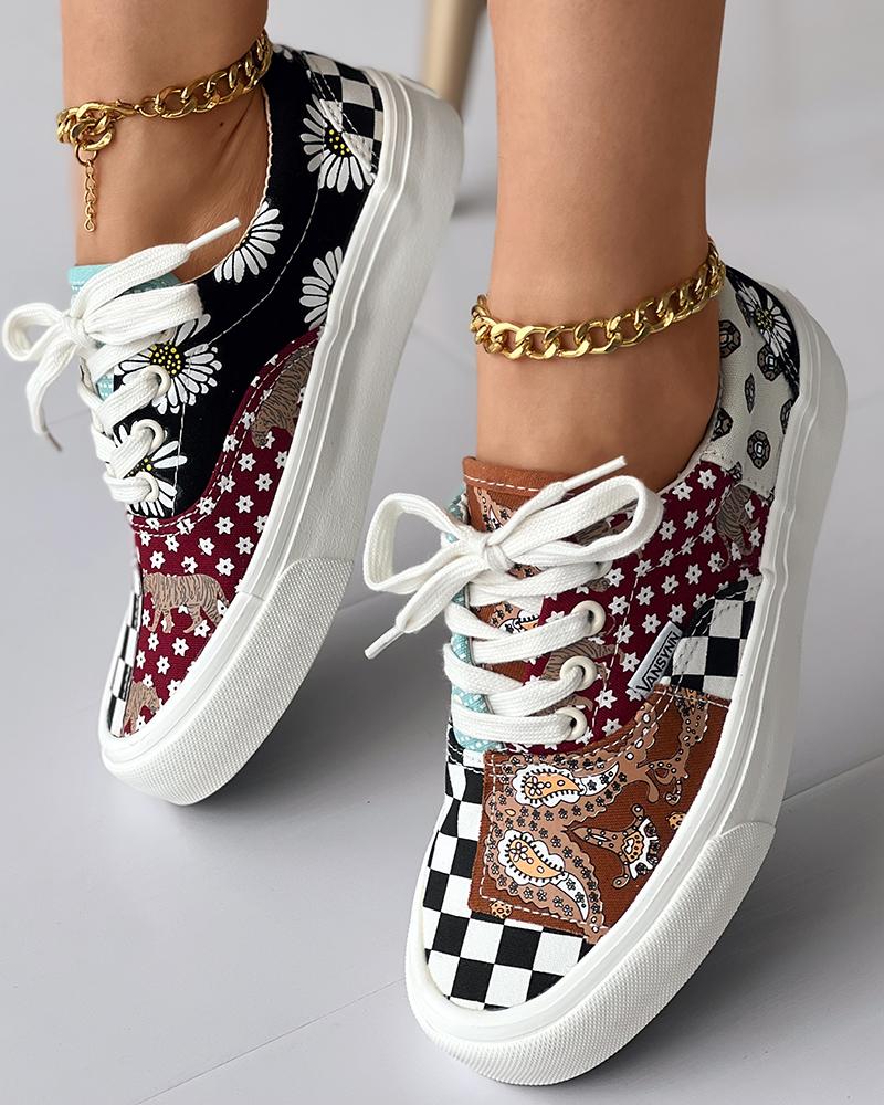 

Floral Plaid Paisley Print Lace-up Canvas Sneakers, Multicolor